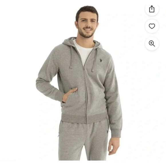 U.S. Polo Assn. Heather Gray Full Zip Sherpa Fleece Lined Hoodie Jacket Size 2XL - Picture 1 of 11